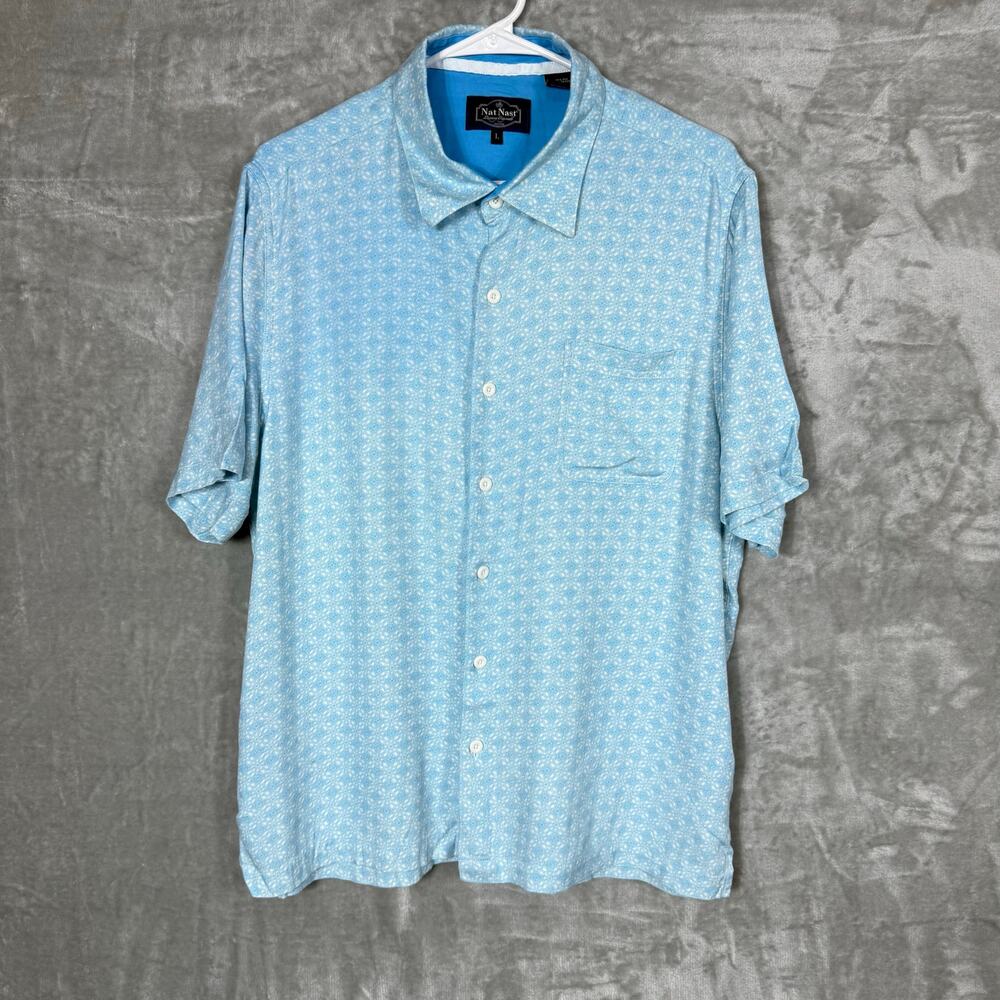 Nat Nast Short Sleeve Printed‎ Button up Shirt Large Blue Silk